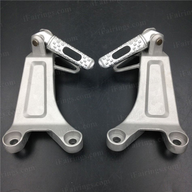 Aluminum alloy made replacement passenger/rear foot pegs and mount bracket assembly for 2003 2004 Honda CBR600RR, these style footrest assembly are light weight than OEM stock footrest and race-inspired design provides excellent traction and feedback. CNC machined from high-impact aluminum for durability and precise fitment.