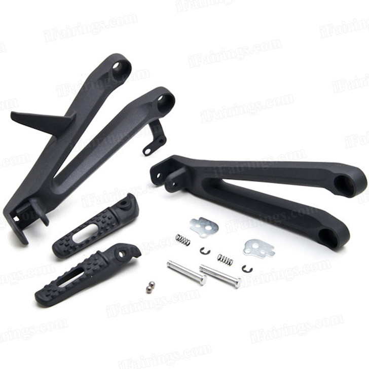 Aluminum alloy made replacement passenger/rear foot pegs and mount bracket assembly for 2004-2007 Honda CBR1000RR, these style footrest assembly are light weight than OEM stock footrest and race-inspired design provides excellent traction and feedback. CNC machined from high-impact aluminum for durability and precise fitment.