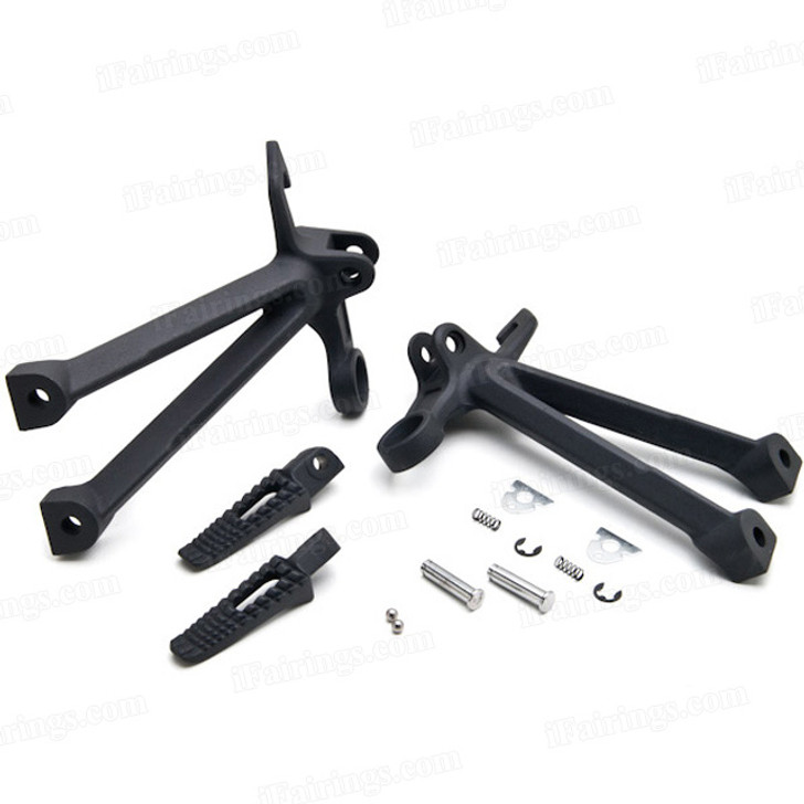 Aluminum alloy made replacement passenger/rear foot pegs and mount bracket assembly for 2007 2008 Suzuki GSX-R1000, these style footrest assembly are light weight than OEM stock footrest and race-inspired design provides excellent traction and feedback. CNC machined from high-impact aluminum for durability and precise fitment.