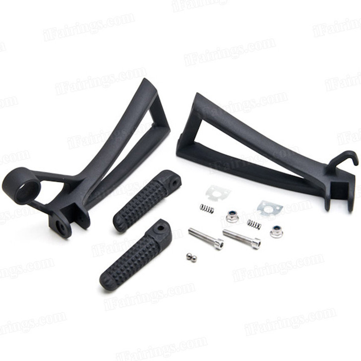 Aluminum alloy made replacement passenger/rear foot pegs and mount bracket assembly for 2003-2005 Yamaha YZF-R6, these style footrest assembly are light weight than OEM stock footrest and race-inspired design provides excellent traction and feedback. CNC machined from high-impact aluminum for durability and precise fitment.