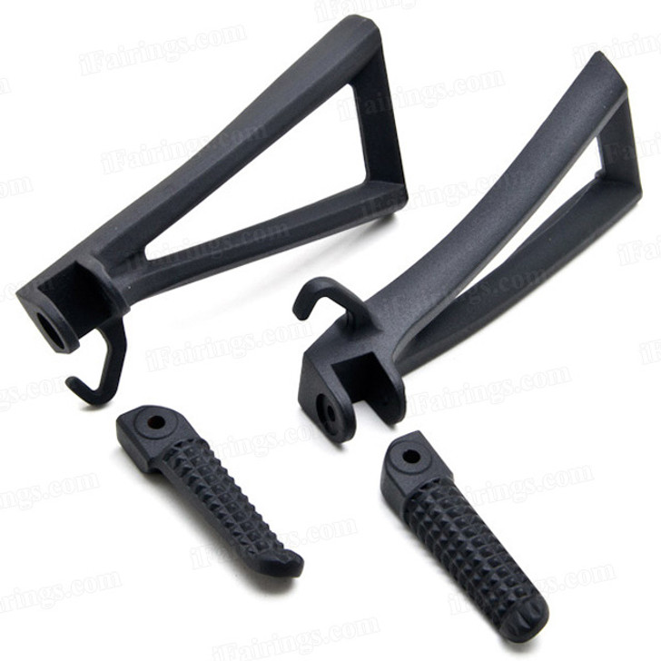 Aluminum alloy made replacement passenger/rear foot pegs and mount bracket assembly for 2006-2011 Yamaha YZF-R6, these style footrest assembly are light weight than OEM stock footrest and race-inspired design provides excellent traction and feedback. CNC machined from high-impact aluminum for durability and precise fitment.