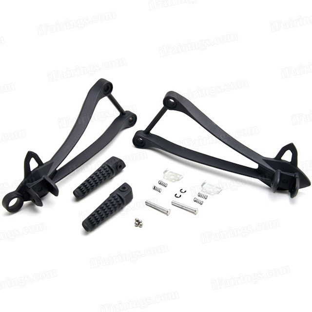 Aluminum alloy made replacement passenger/rear foot pegs and mount bracket assembly for 2008-2010 Kawasaki ZX10R, these style footrest assembly are light weight than OEM stock footrest and race-inspired design provides excellent traction and feedback. CNC machined from high-impact aluminum for durability and precise fitment.