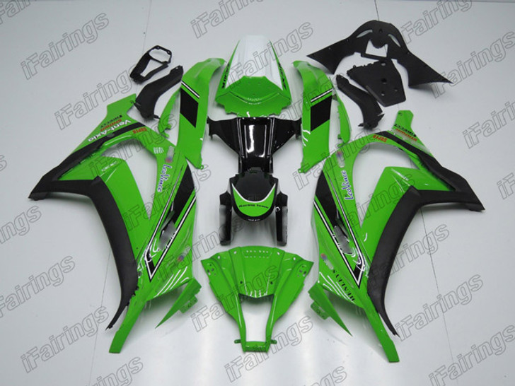 Aftermarket fairing for 2011 2012 2013 2014 2015 Kawasaki Ninja ZX-10R green and black graphic.