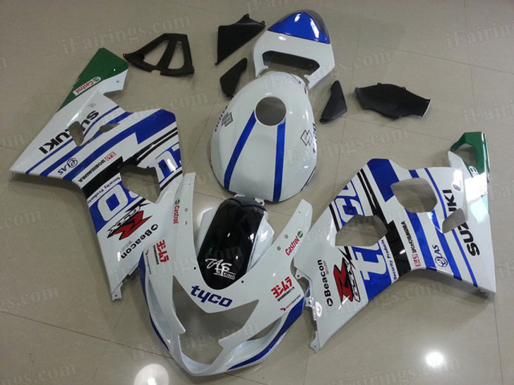 aftermarket fairings and bodywork for 2004 2005 Suzuki GSX R 600/750, this motorcycle fairings are replacement plastic with various graphics,  they are top quality and oem fairing quality comparable. All the bodywork panels are pre-drilled and 100% precise fit factory bike.
