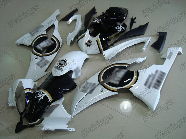 Aftermarket fairing for 2008 to 2016 Yamaha YZF-R white and black built based on Lucky Strike livery.