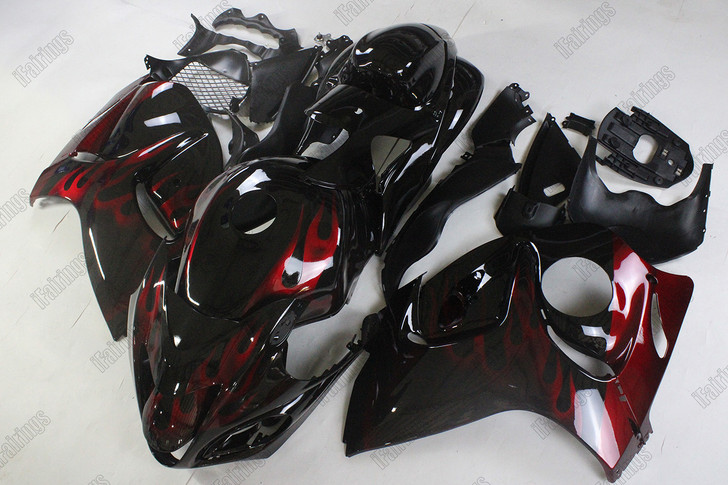 Aftermarket fairing for 2008 to 2020 Suzuki Hayabusa GSX1300R black with red flame.