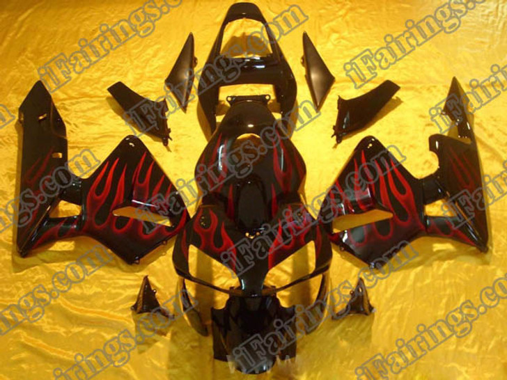 Honda CBR600RR 2003 2004 red flame fairing kits, this Honda CBR600RR 2003 2004 plastics was applied in red flame graphics, this 2003 2004 CBR600RR fairing set comes with the both color and decals shown as the photo.If you want to do custom fairings for CBR600RR 2003 2004,our talented airbrusher will custom it for you.