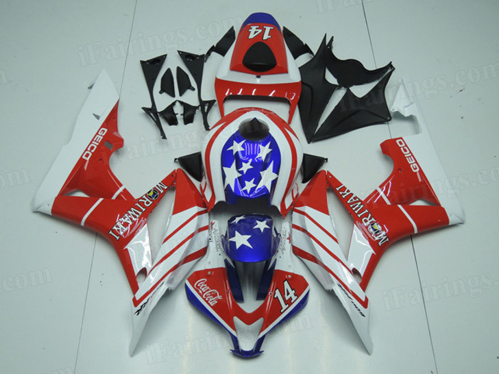 aftermarket fairings and bodywork for Honda CBR600RR 2007 2008, this motorcycle fairings are replacement plastic with various graphics,  they are top quality and oem fairing quality comparable. All the bodywork panels are pre-drilled and 100% precise fit factory bike.