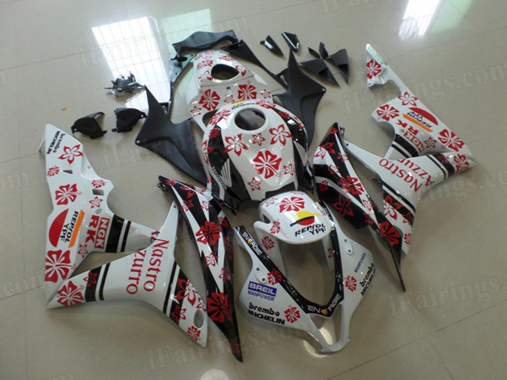 aftermarket fairings and bodywork for Honda CBR600RR 2007 2008, this motorcycle fairings are replacement plastic with various graphics,  they are top quality and oem fairing quality comparable. All the bodywork panels are pre-drilled and 100% precise fit factory bike.