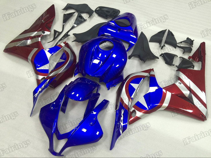 2007 2008 Honda CBR600RR Captain America graphic fairing kits, aftermarket fairings and bodywork for 2007 2008 Honda CBR600RR Captain America pattern/scheme.