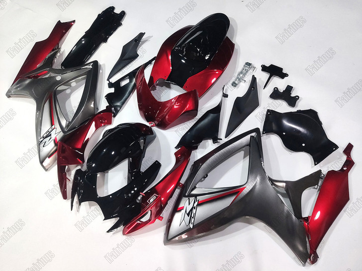 Aftermarket fairing for 2006 2007 Suzuki GSXR 600/750 red gray and black color scheme.
