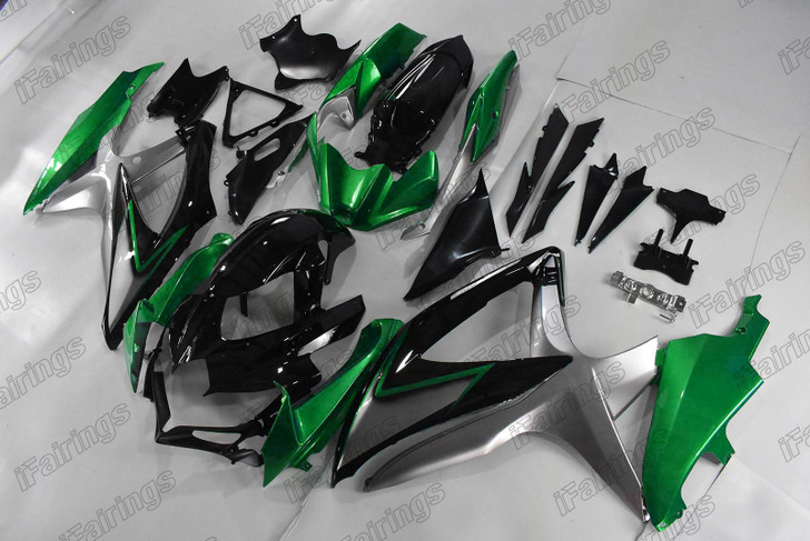 Aftermarket fairing for 2008 2009 2010 Suzuki GSX-R600 GSX-R750 black green and silver.