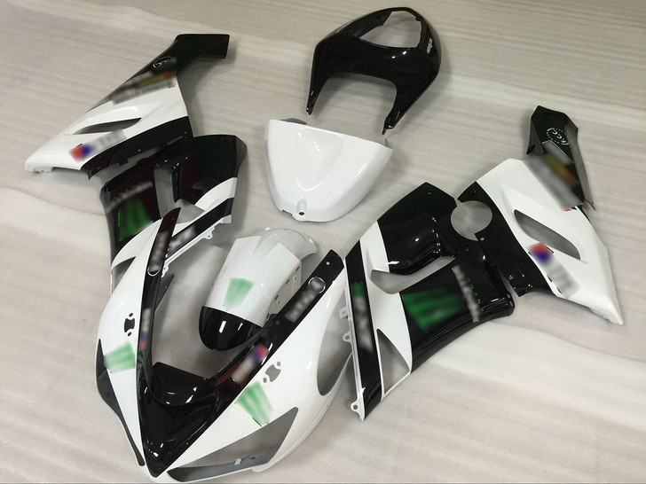 Aftermarket fairing for 2005 2006 Kawasaki Ninja ZX-6R white and black  Monster livery.