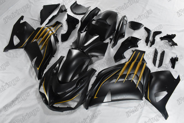 Aftermarket fairing for 2012 to 2018 Kawasaki Ninja ZX-14R matte black  color with gold stripes.