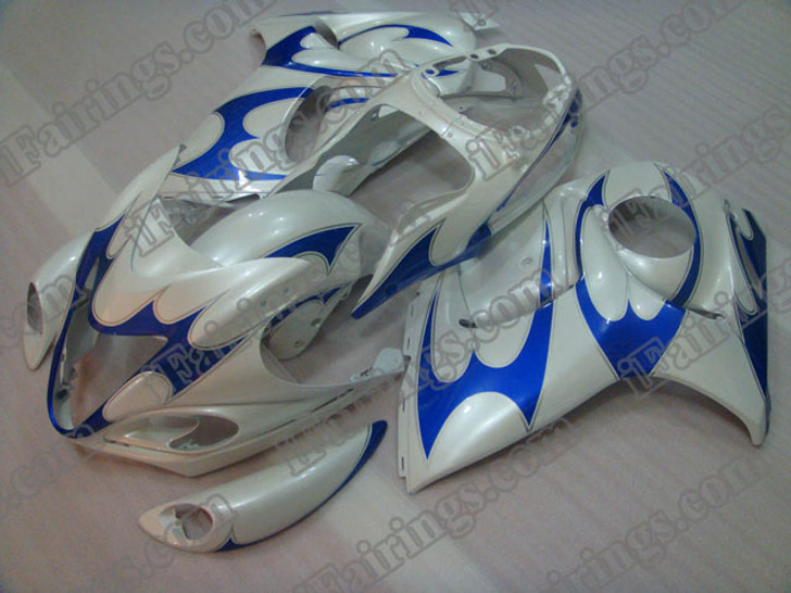 Suzuki GSXR1300 2008 2009 Hayabusa white and blue fairing kits, this Suzuki GSXR1300 2008 2009 Hayabusa plastics was applied in white and blue graphics, this 2008 2009 Hayabusa GSXR1300 fairing set comes with the both color and decals shown as the photo.If you want to do custom fairings for GSXR1300 2008 2009 Hayabusa,our talented airbrusher will custom it for you