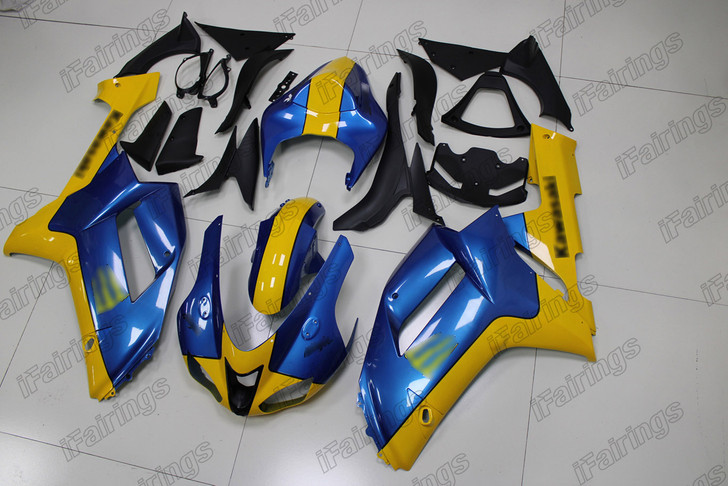Aftermarket fairing for 2007 2008 Kawasaki Ninja ZX-6R blue and yellow.