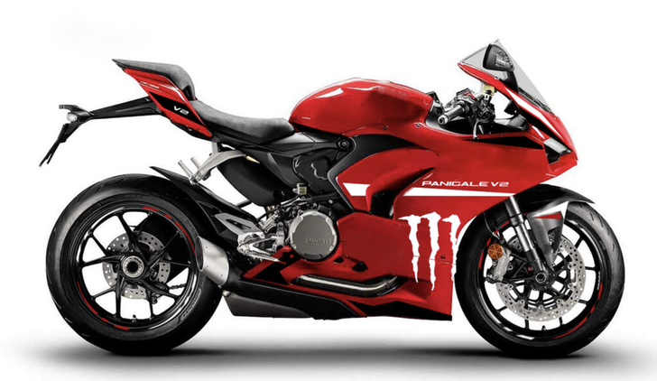 Ducati Panigale V2 red fairing monster symbol.