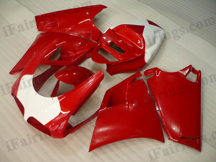 OEM quality fairings and body kits for Ducati 748/916/996 with red and white color scheme/graphics, these fairing kits are oem quality, fast shipping and easy installtion. More factory color-matched fairings for Ducati 748/916/996, team race replica fairings and custom fairing sets for Ducati 748/916/996, please browse iFairings.com.