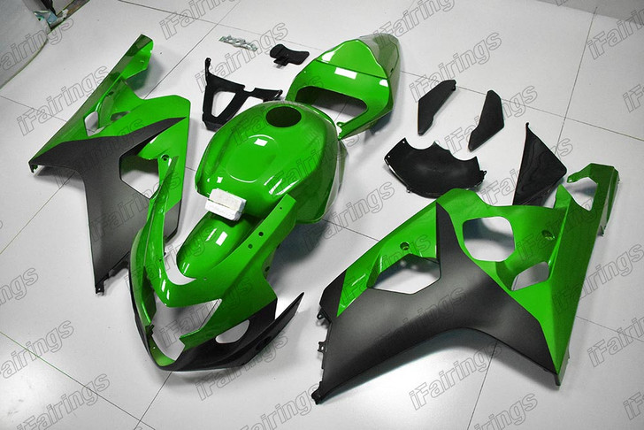 Aftermarket fairing for 2004 2005 Suzuki GSXR 600/750 candy green and matte black.