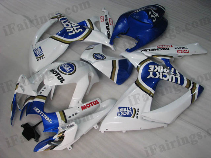 Suzuki GSXR600/750 2006 2007 Lucky Strike fairing kits, this Suzuki GSXR600/750 2006 2007 plastics was applied in Lucky Strike graphics, this 2006 2007 GSXR600/750 fairing set comes with the both color and decals shown as the photo.If you want to do custom fairings for GSXR600/750 2006 2007,our talented airbrusher will custom it for you.