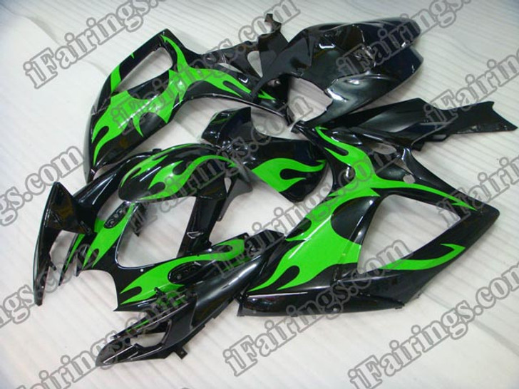 Suzuki GSXR600/750 2006 2007 green flame fairing kits, this Suzuki GSXR600/750 2006 2007 plastics was applied in green flame graphics, this 2006 2007 GSXR600/750 fairing set comes with the both color and decals shown as the photo.If you want to do custom fairings for GSXR600/750 2006 2007,our talented airbrusher will custom it for you.