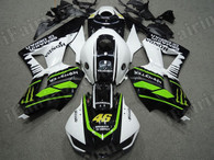 OEM quality replacement fairing sets for Honda CBR600RR 2013 2014 in white and black with green strips. The fairing kits are injection molds made and 100% precisely fit Honda Factory bike. All Honda Repsol decals/stickers are applied on the fairings. Custom painting job is acceptable.