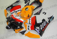 Honda CBR600RR 2003 2004 repsol replica fairing kits, this Honda CBR600RR 2003 2004 plastics was applied in repsol replica graphics, this 2003 2004 CBR600RR fairing set comes with the both color and decals shown as the photo.If you want to do custom fairings for CBR600RR 2003 2004,our talented airbrusher will custom it for you.