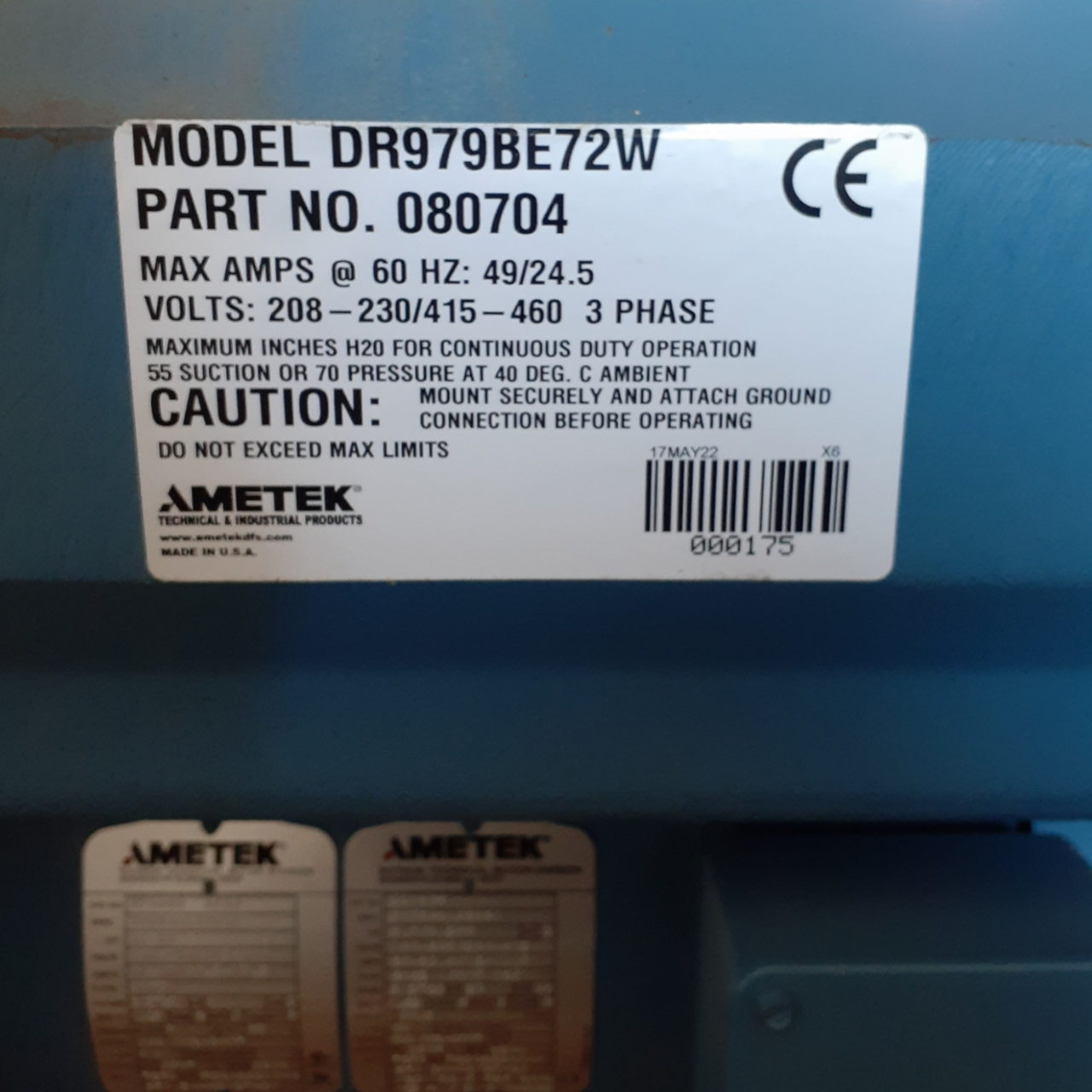 Ametek 080704 Rotron Regenerative Blower DR979BE72W, 230/460VAC 15.0 HP Three Phase