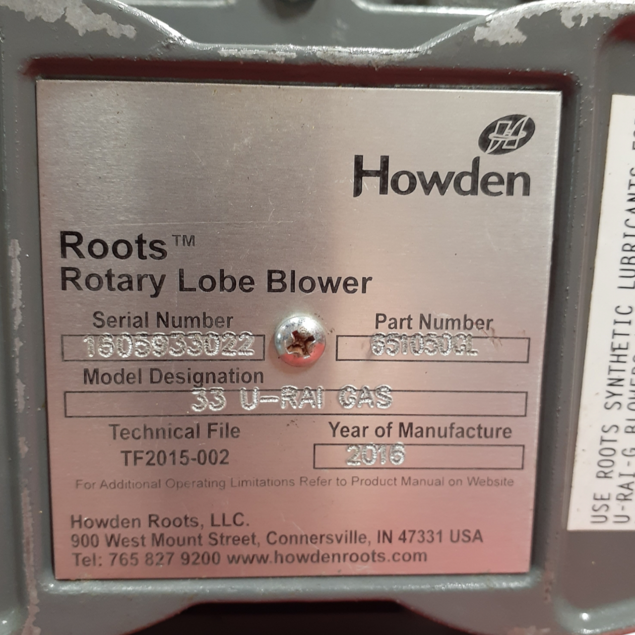 Howden 651050GL, 33 U-RAI Gas Roots Rotary Lobe Blower