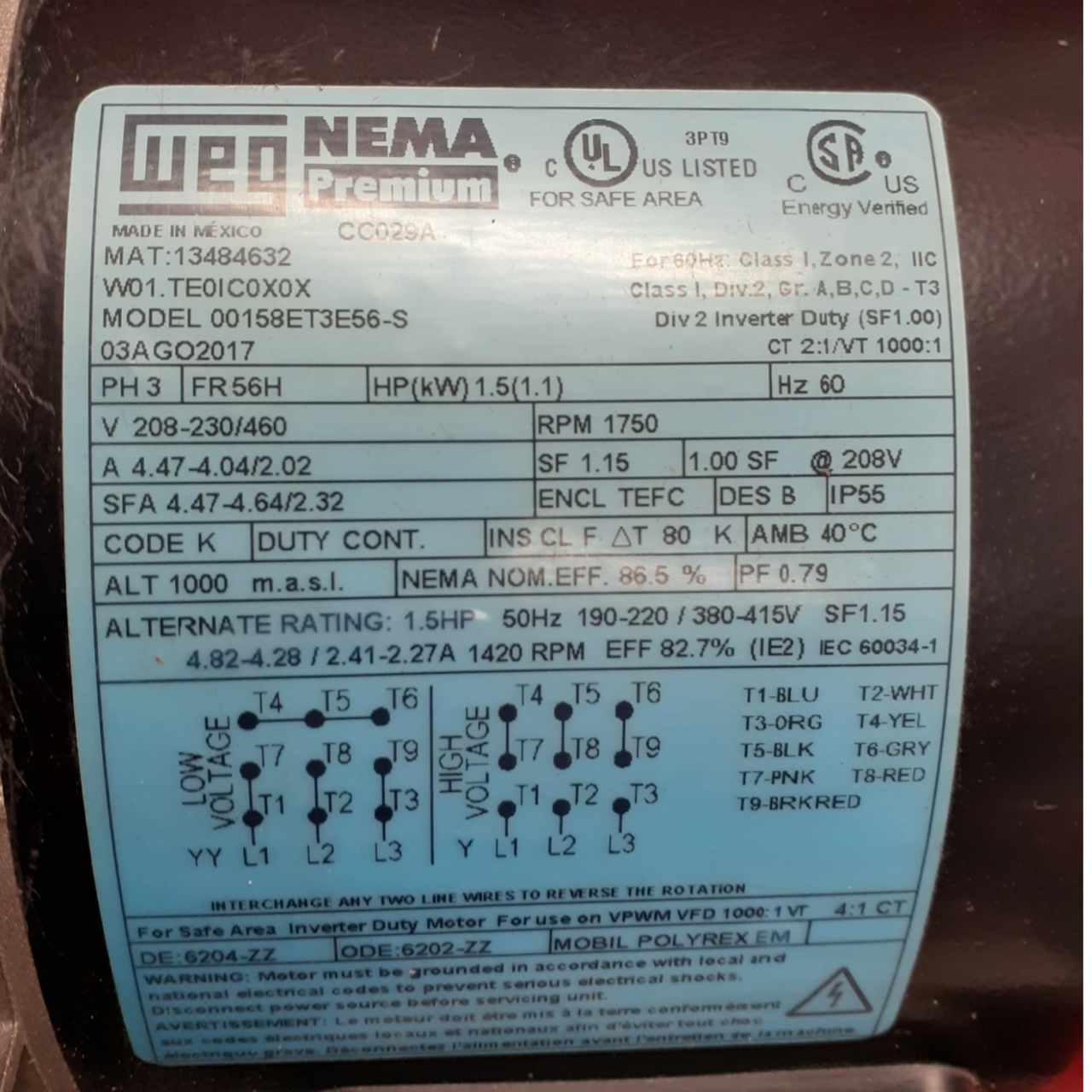 Weg 00158ET3E56-S Rolled Steel Premium Efficiency 1.5 HP 4P 56H 3Ph 230/460//190-220/380-415 V 60 Hz IC411 - TEFC - Foot-mounted Motor