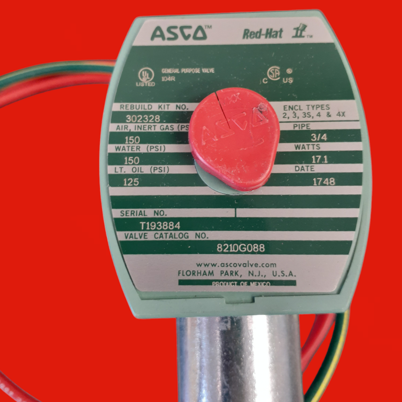 Asco 8210G088 Solenoid Valve: 2-Way, Normally Closed, 3/4 in Pipe Size, 110V AC/120V AC, Watertight