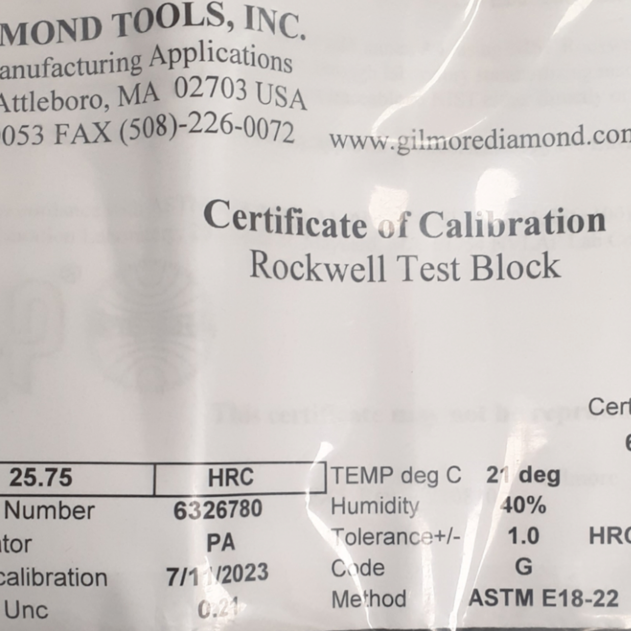 Gilmore Diamond Tools 25.75 HRC Certified Rockwell Hardness Testing Block