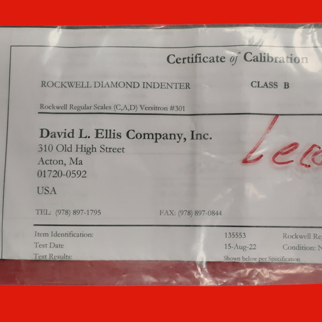 David L. Ellis Company #301 HRC Versitron Certified Rockwell Diamond Indentor