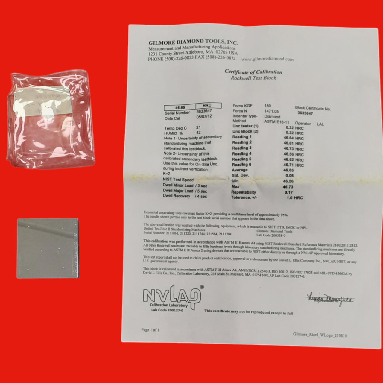 Gilmore Diamond Tools 46.65 HRC Certified Rockwell Hardness Testing Block