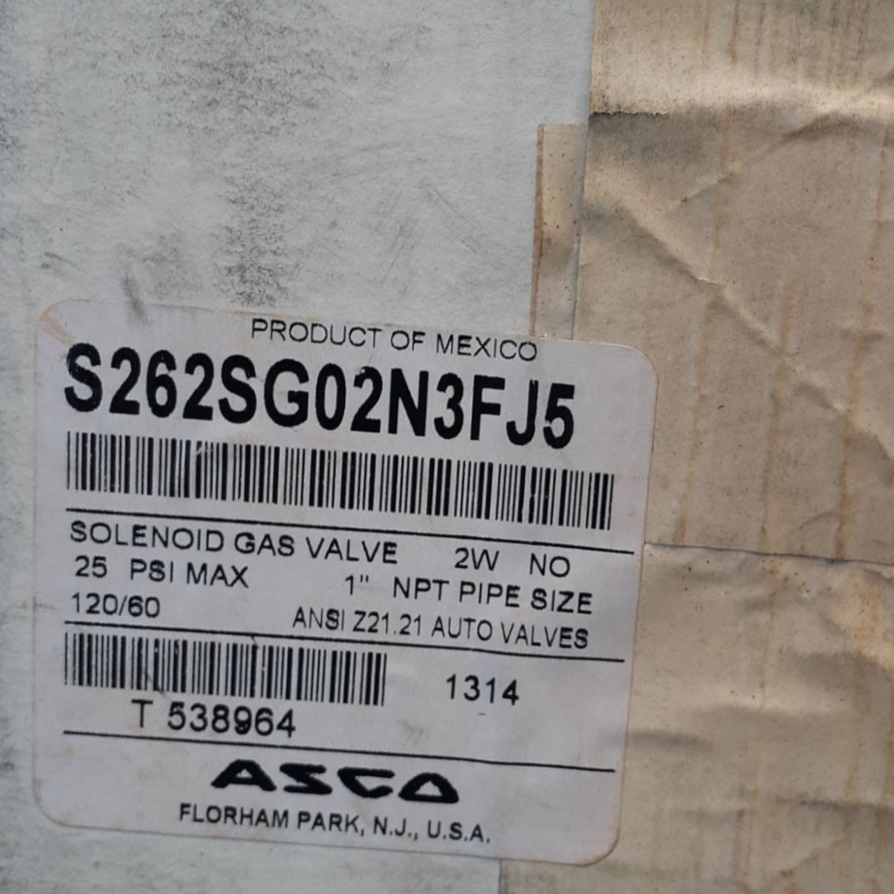 Asco S262SG02N3FJ5 Normally Open Solenoid Gas Valve, 1" NPT