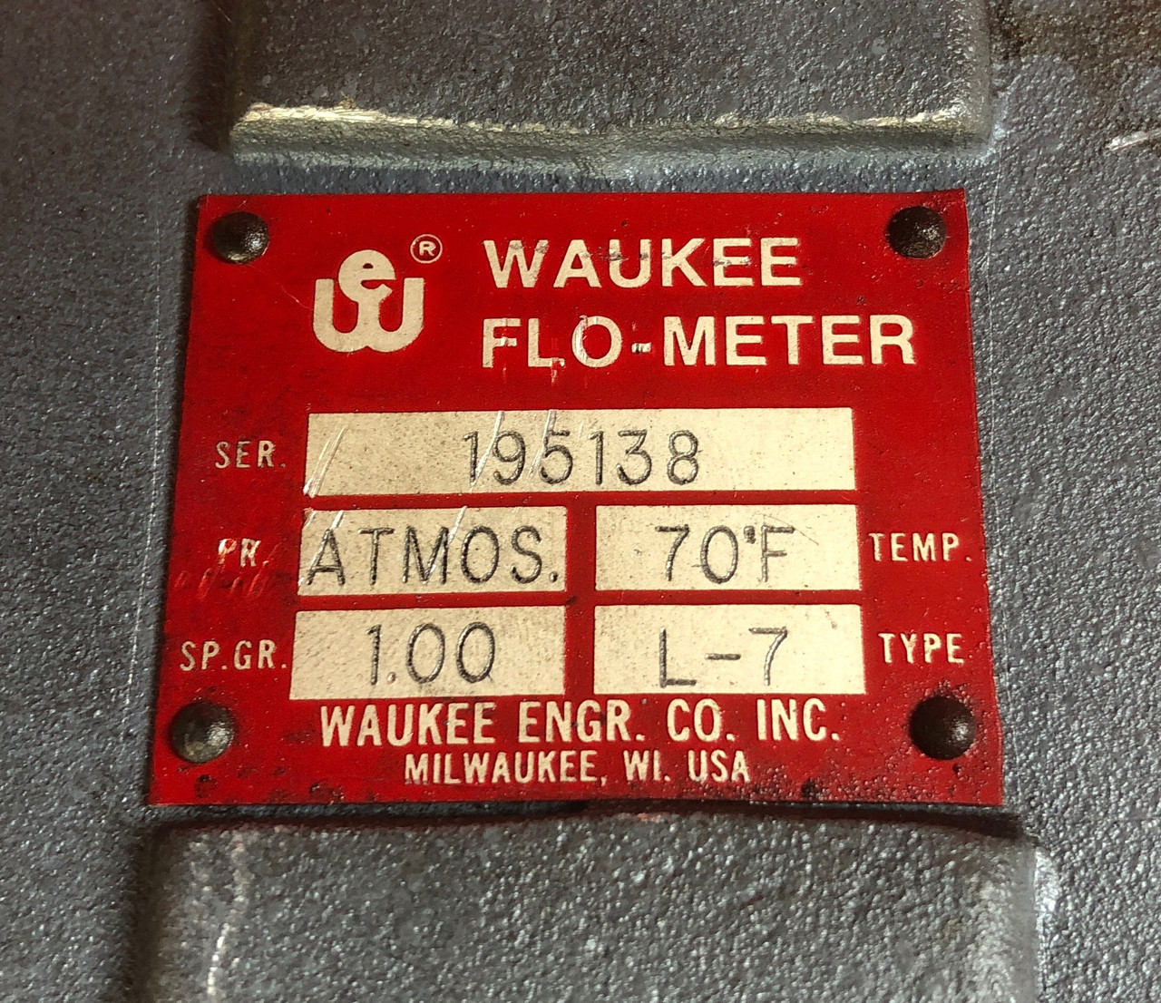 Waukee L-7 Flo-Meter 70 Deg F AIR - 0-7500 CFH