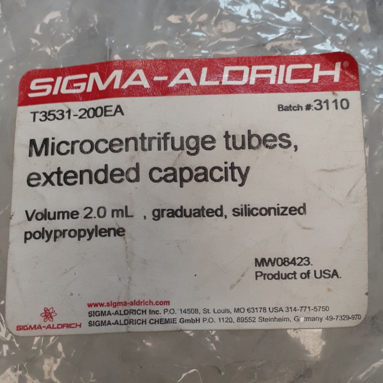 Sigma-Aldrich T3531-200EA Microcentrifuge Tubes, Extended Capacity, 2.0 mL Volume, Bag of 200