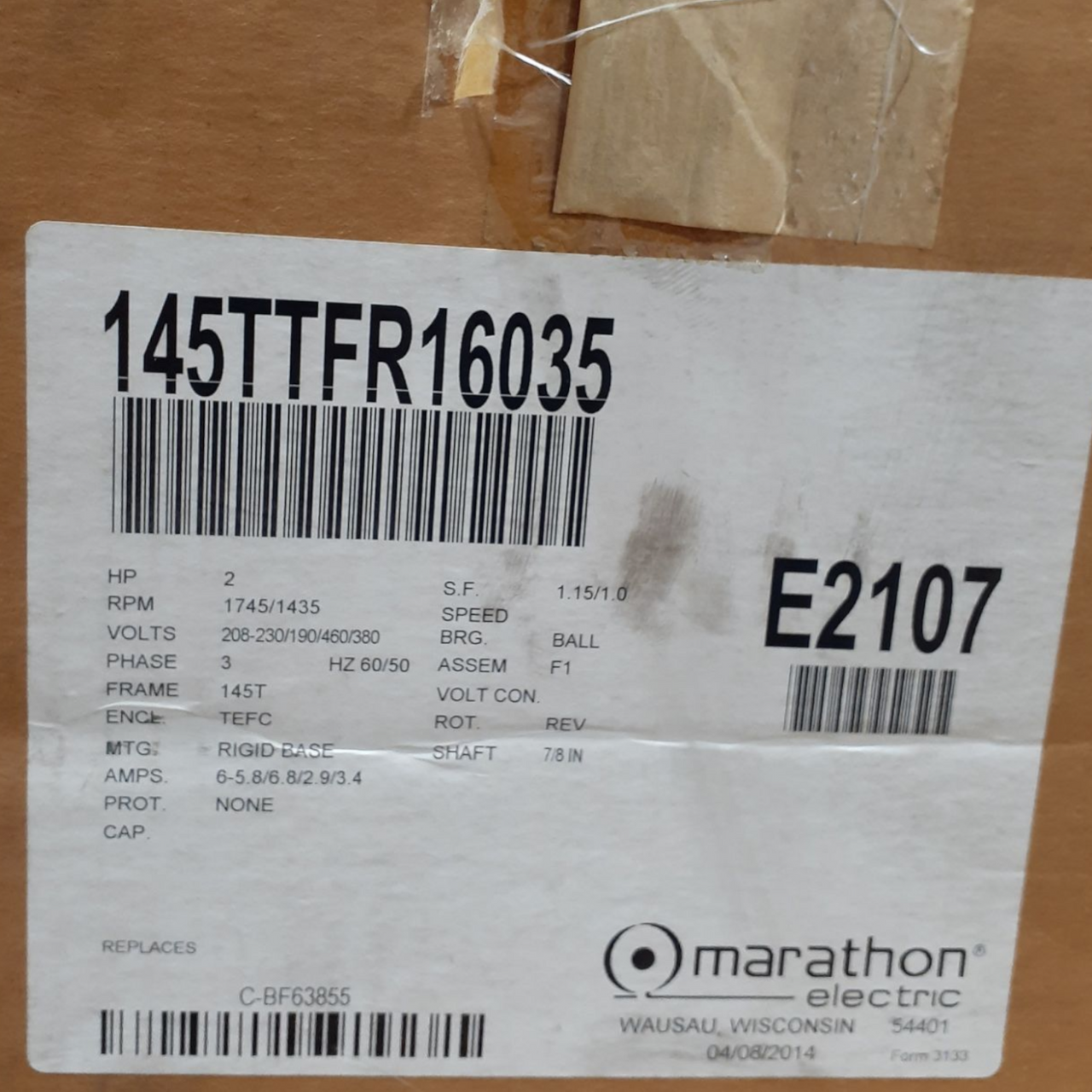Marathon Electric 145TTFR16035 General Purpose Motor, 2 & 2 HP, 3 Ph, 60 & 50 Hz, 230/460 & 190/380 V, 1800 & 1500 RPM, 145T Frame, TEFC - E2107