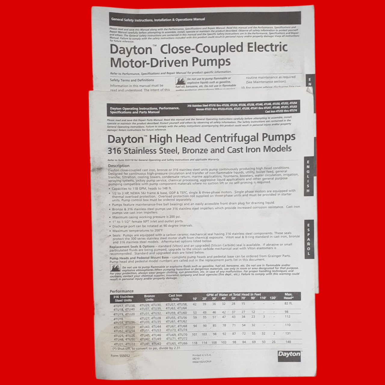 Dayton 4TU17 1/2 HP High Head Centrifugal Pump, 316 SS, Viton Seal