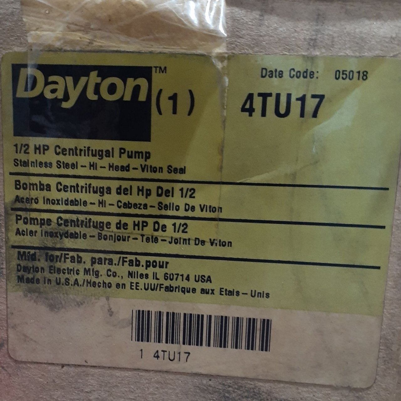 Dayton 4TU17 1/2 HP High Head Centrifugal Pump, 316 SS, Viton Seal