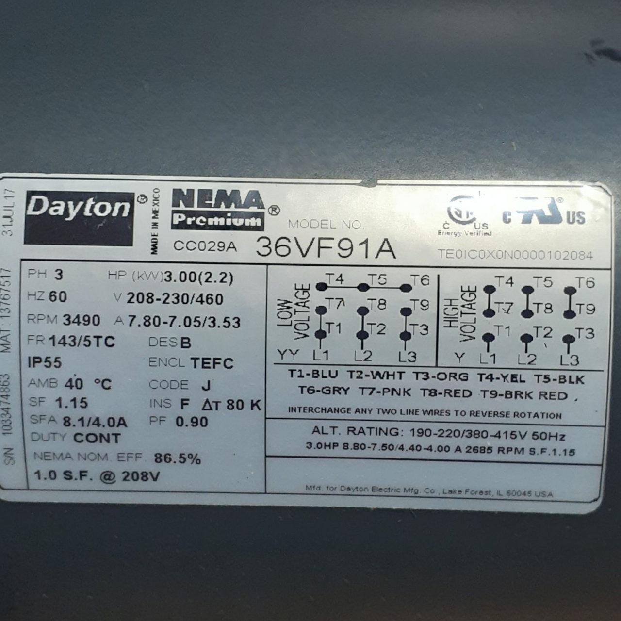 Dayton 36VF91 General Purpose Motor: Totally Enclosed Fan Cooled, C-Face/Rigid Base Mount, 3 HP, Missing Fan Cover