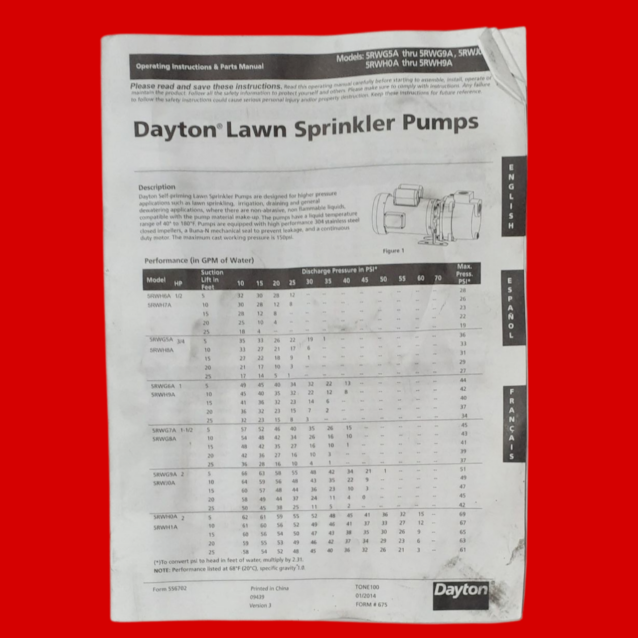 Dayton 5RWG8 Sprinkler Pump: Self-Priming, 208-230/460V AC, 1 1/2 hp, 50 psi Shu