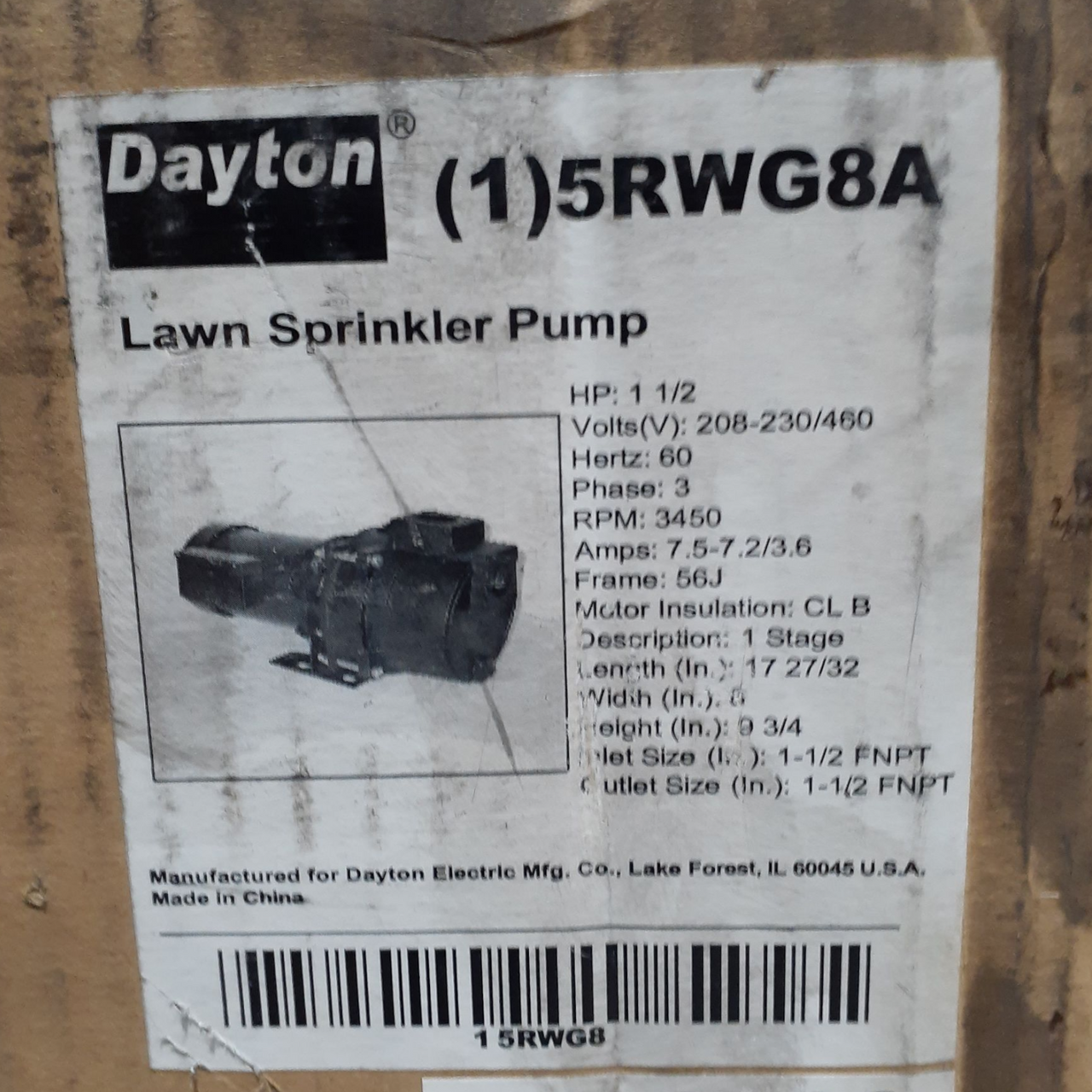 Dayton 5RWG8 Sprinkler Pump: Self-Priming, 208-230/460V AC, 1 1/2 hp, 50 psi Shu