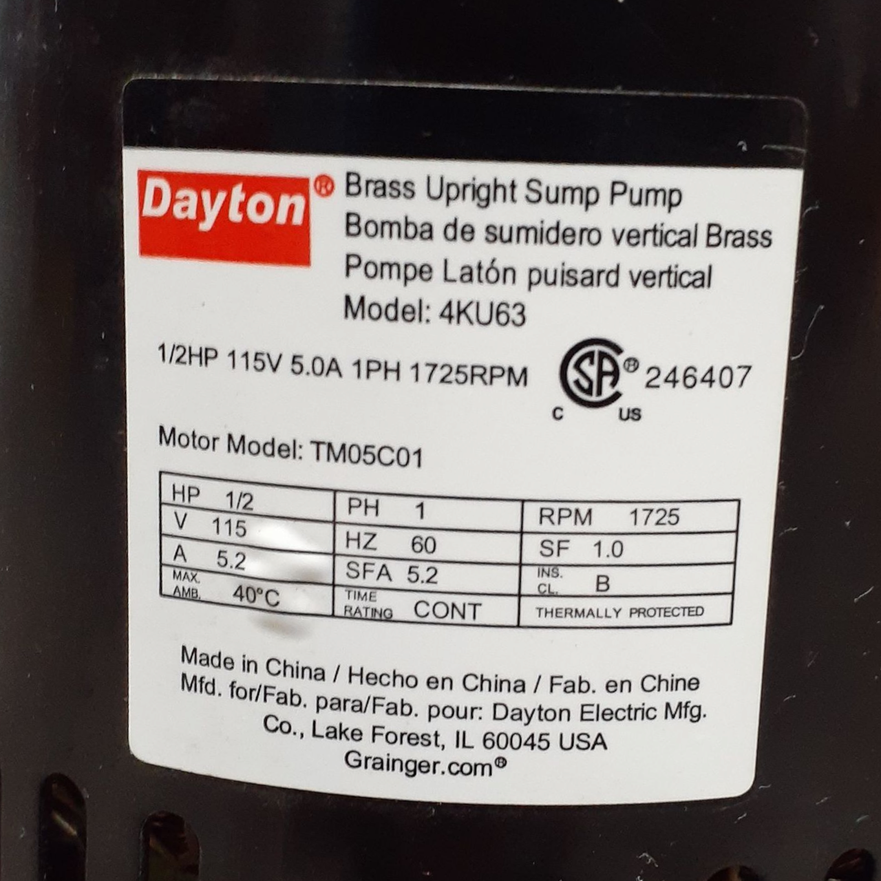 Dayton 4KU63 Pedestal Sump Pump: 1/2 hp, 120V AC, 48 gpm @ 10' of Head, 22 ft Max. Head