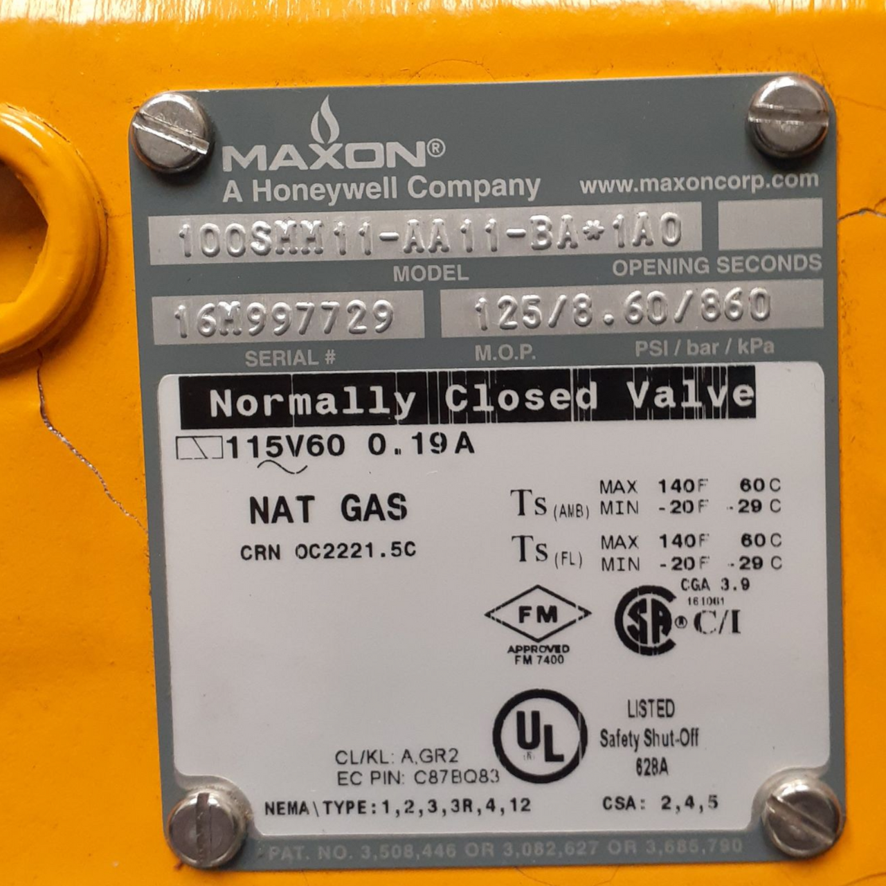 Maxon 100SMM11-AA11-BA*1A0 Normally Closed Natural Gas Safety Shut-Off Valve, 1" NPT