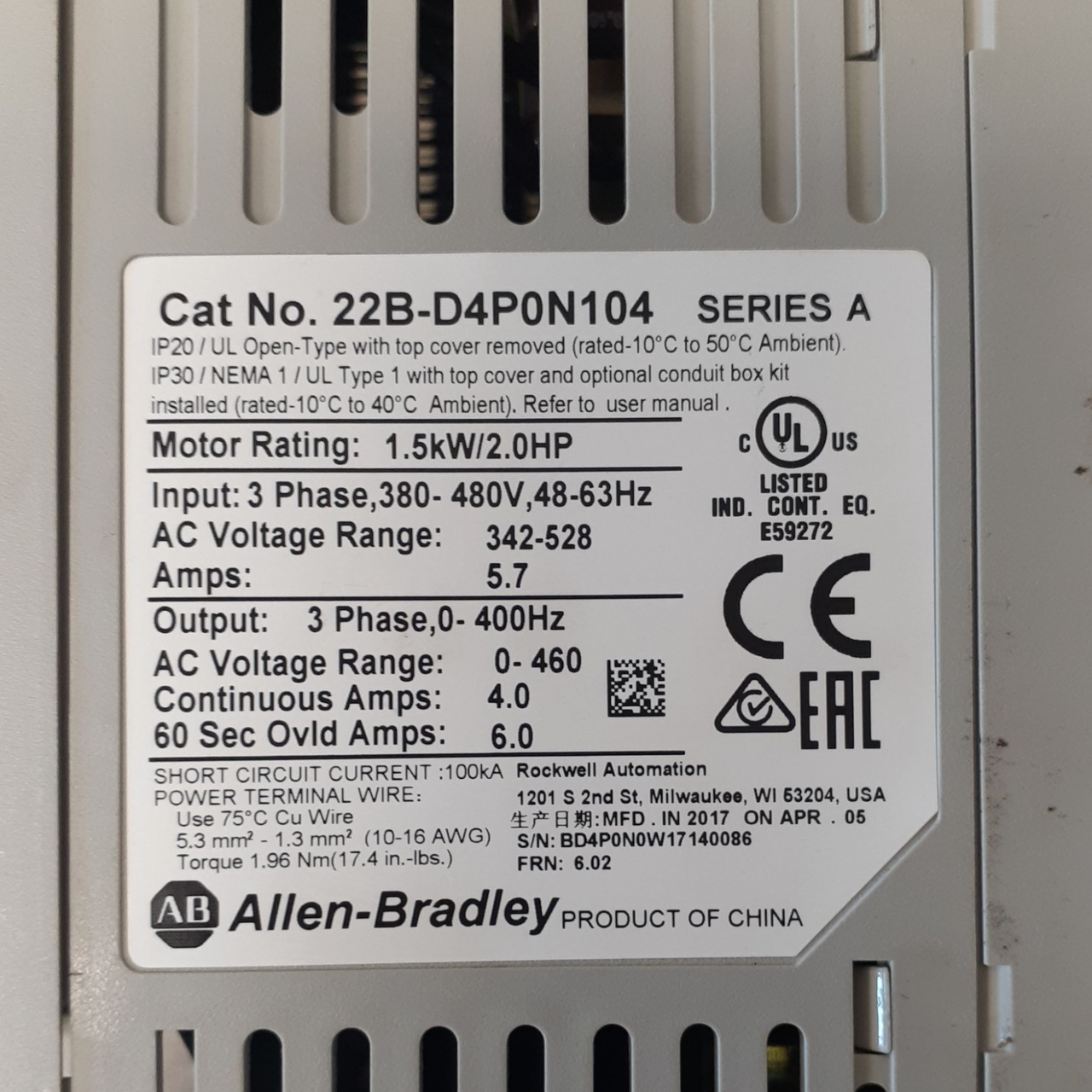 Allen Bradley PowerFlex 40- 1.5 kW (2 HP) AC Drive, 22B-D4P0N104