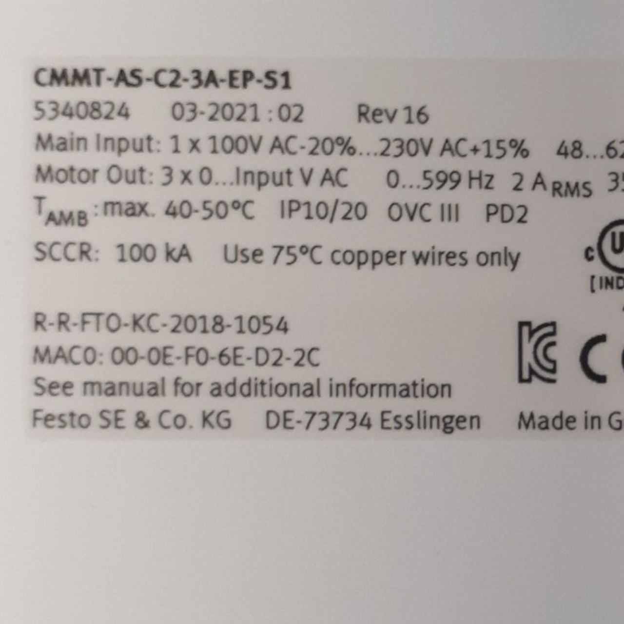 Festo Controller for AC Synchronous Motor, 230VAC, 1PH, EtherNet/IP, CMMT-AS-C2-3A-EP-S1