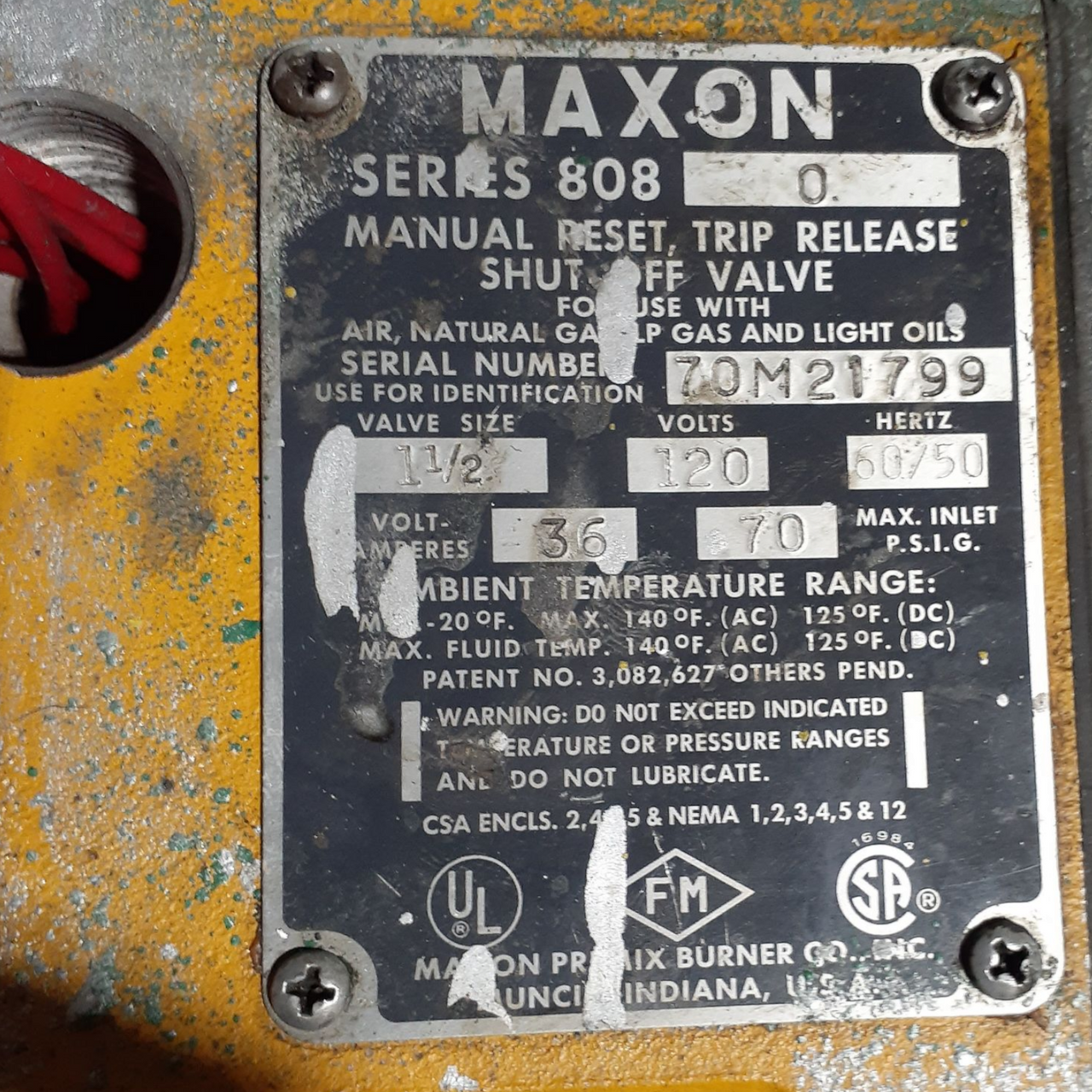 Maxon 1-1/2" Manual Reset, Trip Release Shut-Off Valve, 808 0