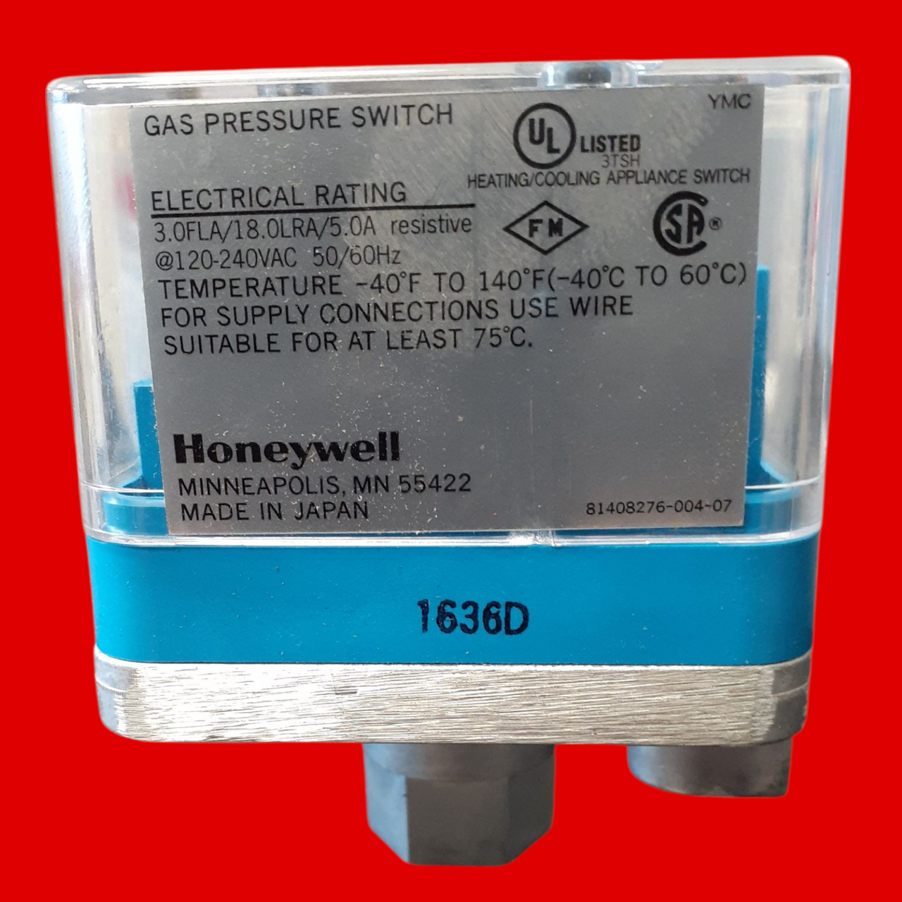 Honeywell C6097A1004 Gas Pressure Switch, 0.5-5 Inch W.C.