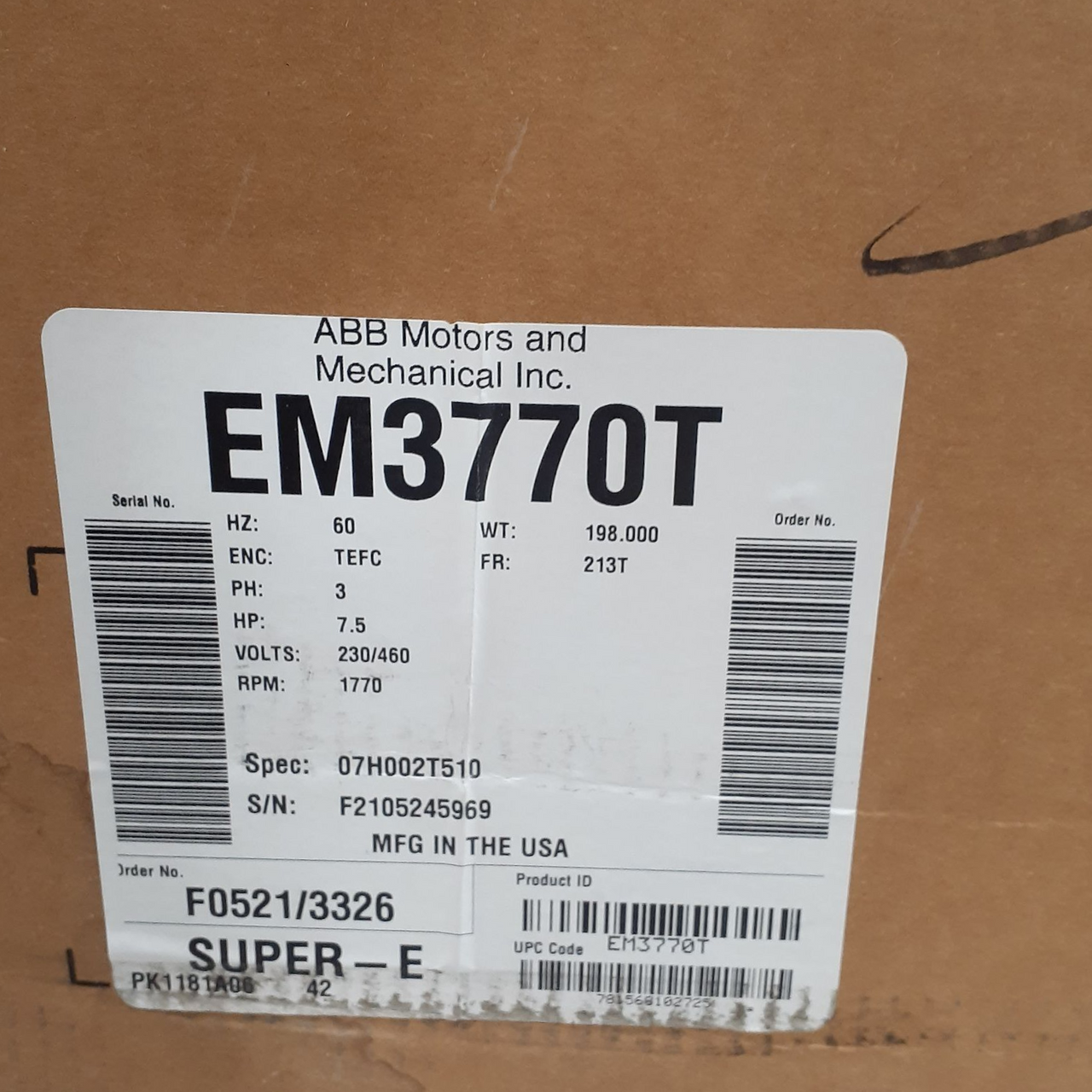 Baldor EM3770T General Purpose Motor, 7.5HP, 1770RPM, 3PH, 60HZ, 213T, 0738M, TEFC, F